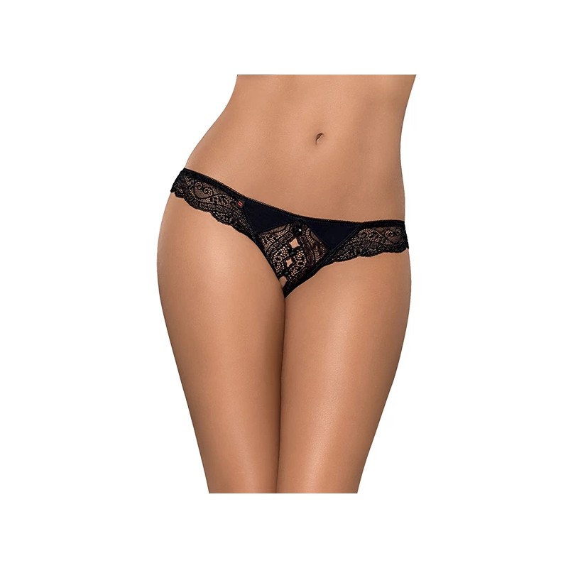 Stringi z otwartym krokiem - Obsessive Miamor Crotchless Thong Black XXL